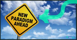 A bright yellow road sign with the words “NEW PARADIGM AHEAD” stands against a backdrop of blue sky and scattered clouds. A bold, translucent green arrow graphic curves toward the sign from the right, and the Discflow logo is displayed in the bottom right corner.